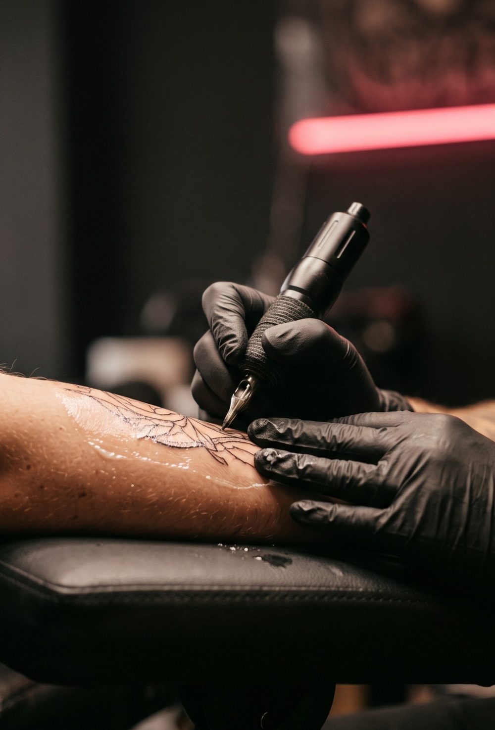 Close view of a tattoo outline being drawn on a forearm, with a clean tray and a black chair in a dim studio